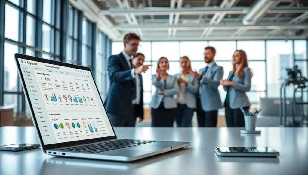 A modern and sleek digital workspace showcasing "Skylead multi-channel sequences." In the foreground, an open laptop with a detailed dashboard interface displaying automated outreach metrics and multi-channel workflow diagrams. Surrounding the laptop are various connected devices, like a smartphone and tablet, highlighting integration across platforms. In the middle ground, a diverse group of business professionals in smart business attire engage in a collaborative discussion, pointing at the laptop screen. The background features a bright, airy office environment with large windows allowing natural light to pour in, enhancing the focused atmosphere. Soft, ambient lighting creates a professional yet inviting mood, emphasizing technology and teamwork without any text or distractions. The image captures innovation and productivity in a contemporary setting.