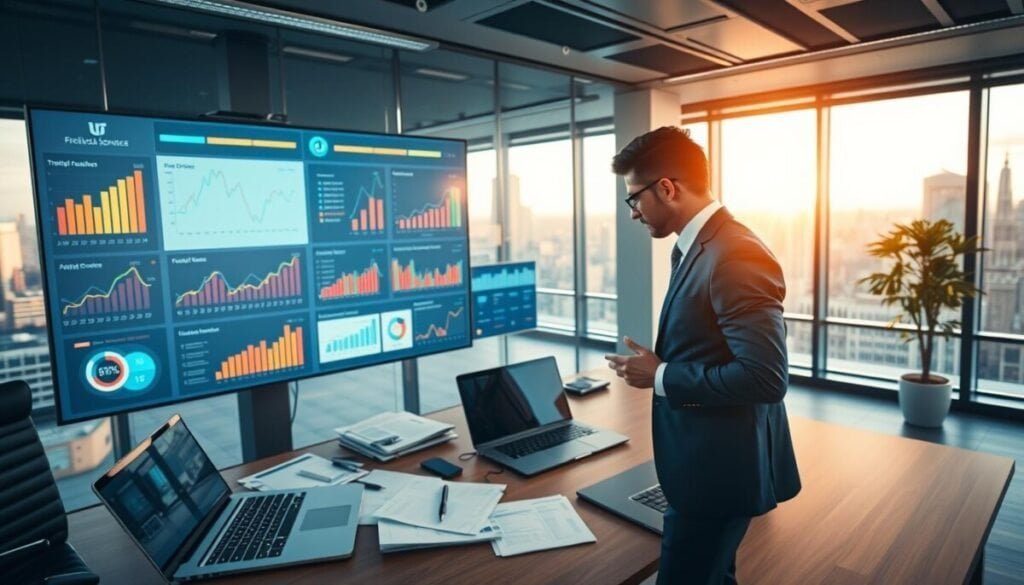 A modern and sleek office environment showcasing cutting-edge affiliate tracking software tailored for financial services. In the foreground, a well-dressed business professional, focused and engaged, interacts with a large touchscreen display filled with vibrant graphs, charts, and data analytics representing tracking metrics. In the middle, a stylish desk is cluttered with financial documents and a laptop displaying the software interface, highlighting clean lines and user-friendly navigation. The background features a large window with a city skyline, bathed in natural light, creating an inspiring atmosphere. Use soft, warm lighting to enhance the professional yet approachable mood, and a high-angle perspective that captures both the technology and the user in action. A modern and sleek office environment showcasing cutting-edge affiliate tracking software tailored for financial services. In the foreground, a well-dressed business professional, focused and engaged, interacts with a large touchscreen display filled with vibrant graphs, charts, and data analytics representing tracking metrics. In the middle, a stylish desk is cluttered with financial documents and a laptop displaying the software interface, highlighting clean lines and user-friendly navigation. The background features a large window with a city skyline, bathed in natural light, creating an inspiring atmosphere. Use soft, warm lighting to enhance the professional yet approachable mood, and a high-angle perspective that captures both the technology and the user in action.
