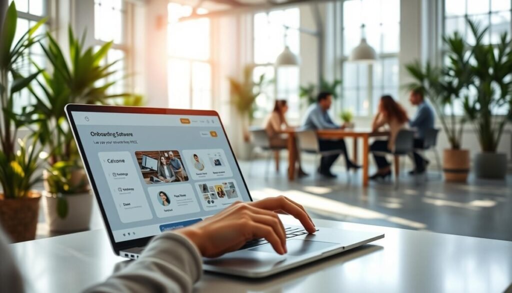 A modern and user-friendly digital onboarding interface displayed on a sleek laptop in a bright, open office environment. In the foreground, a person in professional business attire interacts with the laptop, showcasing a seamless onboarding software that features clear navigation buttons, welcoming graphics, and engaging visuals. The middle layer includes a cozy workspace filled with greenery, soft natural lighting streaming through large windows, and a comfortable seating area. In the background, a diverse team collaborates at a communal table, reflecting connectivity and teamwork. The overall atmosphere is warm and inviting, embodying efficiency and professionalism, with a focus on fostering connections in a remote onboarding system.