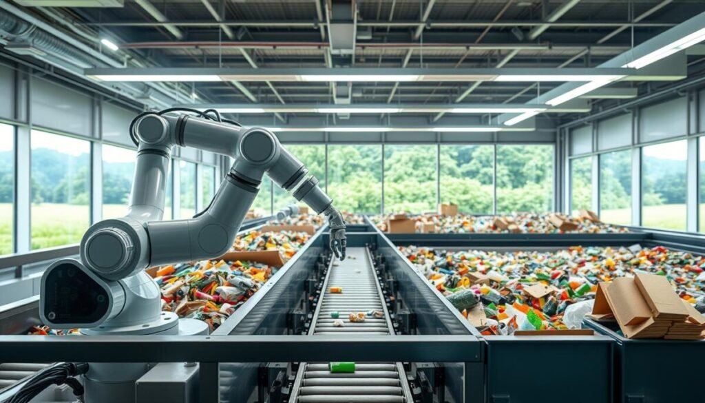 A modern automated waste sorting and recycling facility, showcasing advanced robotic arms efficiently sorting colored plastics, cardboard, and metals. In the foreground, a sleek robotic sorter features articulated mechanical arms, actively separating waste into designated bins. The middle layer displays an array of conveyor belts moving materials towards the sorting mechanisms, bathed in bright, clean LED lighting that emphasizes a high-tech atmosphere. In the background, large windows reveal a green landscape, symbolizing sustainability and the connection to nature. The overall mood is one of innovation and cleanliness, with a focus on eco-friendly technology, captured from a slightly elevated angle to highlight the dynamic action within the facility. The setting is sterile and organized, reinforcing the commitment to responsible waste management.