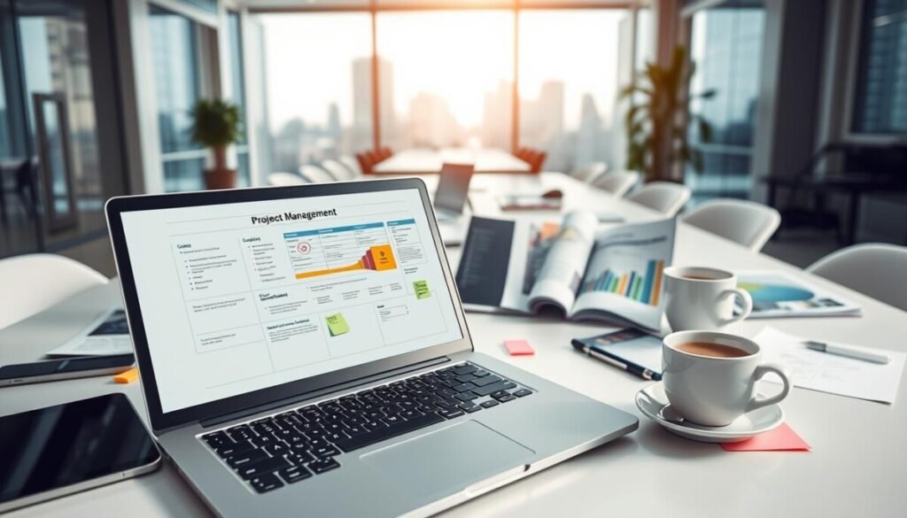 A modern consultant's workspace showcasing various tools and strategies for client management. In the foreground, a sleek laptop sits open with a detailed project management chart displayed on the screen, surrounded by a digital tablet, notepad, and colorful sticky notes. In the middle, a well-organized desk includes tech gadgets like a smartphone, software brochures, and a cup of coffee, indicating a dynamic work environment. The background features a stylish office with glass walls, bright natural light streaming in, and a city skyline visible outside. The mood is professional and inspiring, evoking a sense of productivity and innovation in the consulting field, captured with a slightly elevated angle to emphasize depth while maintaining clarity.