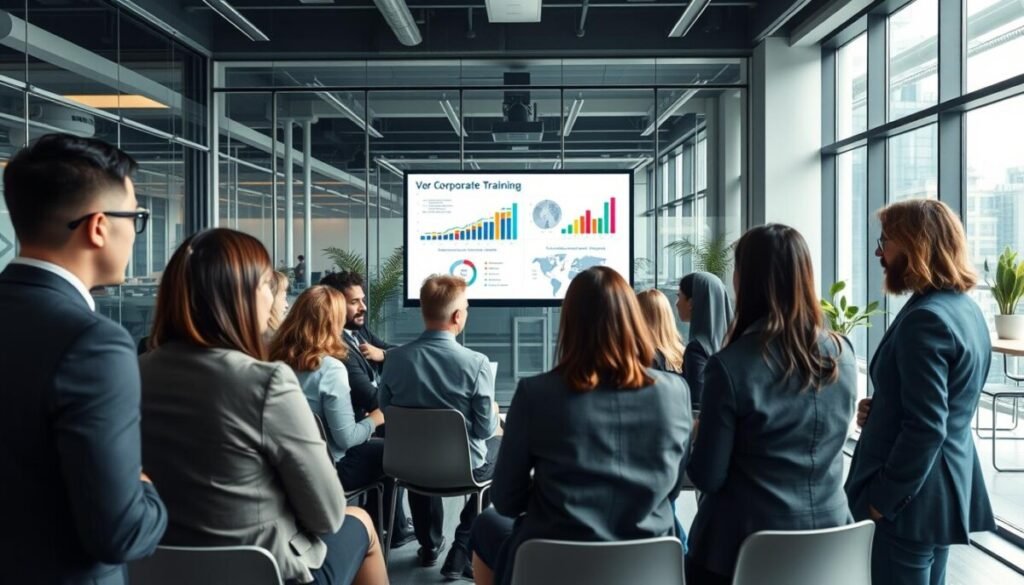 A modern corporate training session in a brightly lit office environment. In the foreground, a diverse group of professionals in business attire attentively engages in a workshop, discussing strategies for employee upskilling. The middle ground features a large presentation screen displaying colorful graphs and charts related to corporate training metrics. In the background, sleek glass walls reveal an open office space with plants and collaborative areas, conveying a sense of innovation and teamwork. Soft, natural lighting streams in from large windows, creating a motivating atmosphere. Capture this scene from a slight upward angle to emphasize the professional dynamics and energy in the room, with a focus on collaboration and learning.