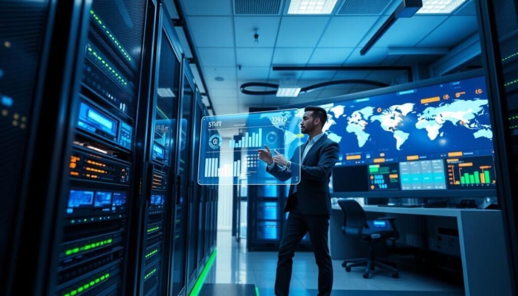 A modern data center environment representing "content delivery," with a focus on Fastly's advanced edge logic for dynamic applications. In the foreground, a sleek, futuristic server rack with glowing LED lights and screen displays showing real-time data analytics. In the middle, a tech-savvy professional in business attire interacting with a holographic dashboard displaying network performance metrics. The background features a high-tech control room with multiple large screens showcasing maps of global server locations and data flow diagrams. The lighting is bright, emphasizing a sterile and efficient atmosphere, with blue and green tones creating a sense of innovation. The camera angle is slightly low, capturing the depth of the data center while highlighting the professionalism and technology-driven environment.