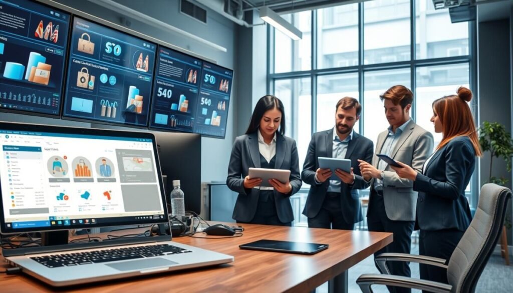 A modern digital product delivery system in an office setting, showcasing a sleek workstation equipped with multiple high-resolution monitors displaying vibrant graphics of digital products being processed and delivered. Foreground elements include a laptop with an open screen showing a user-friendly software interface for managing digital sales. In the middle, a diverse group of four professionals in smart business attire collaborate, analyzing data on tablets and discussing strategies, exuding teamwork and innovation. The background features a bright, airy office with large windows letting in natural light, illuminating the contemporary décor. The overall atmosphere is energetic and professional, emphasizing efficiency and creativity in the digital marketplace.