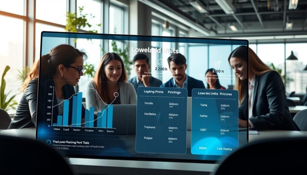 A modern digital workspace featuring a visually appealing representation of Bubble workload units pricing. In the foreground, a sleek, high-tech interface displays graphs and charts illustrating pricing tiers and features of Bubble for complex web applications. The middle ground shows diverse professionals, dressed in smart casual attire, collaborating over laptops, with eager expressions focused on the screen. The background captures a vibrant office environment, with soft natural lighting streaming through large windows, plants adorning the space, and a hint of urban skyline visible. The mood is innovative and collaborative, emphasizing the power of no-code solutions for web development. The image should evoke a sense of professionalism and creativity without any text or distractions.