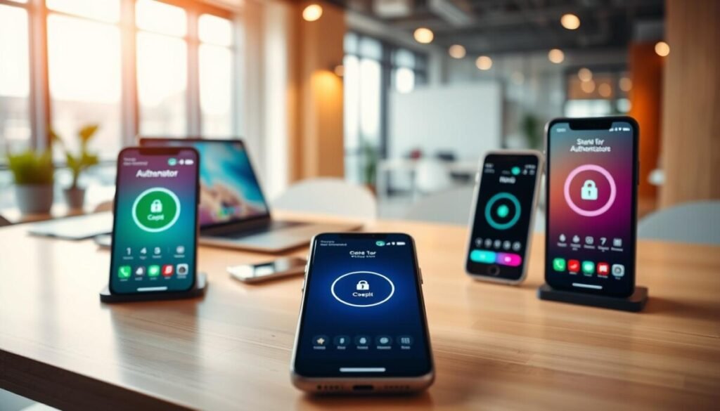 A modern digital workspace featuring various authenticator app interfaces displayed on multiple smartphone screens. In the foreground, three smartphones are positioned on a sleek, light wooden desk, showcasing diverse authenticator app designs with vibrant colors and user-friendly layouts. In the middle ground, blurred tech gadgets like a laptop and a tablet enhance the modern atmosphere, while a soft-focus corporate environment is apparent in the background, suggesting a professional setting. The lighting is warm and inviting, with natural light streaming through a window, creating a bright, open feel. The mood is innovative and tech-savvy, appealing to users seeking alternatives to traditional authentication methods.