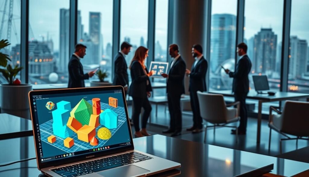 A modern digital workspace showcasing a 3D tools market overview in a browser environment. In the foreground, an elegant desktop with a sleek laptop displaying intricate 3D modeling software, featuring colorful geometric shapes and immersive textures being manipulated. In the middle ground, a diverse group of professionals in smart business attire engaging with holographic displays and collaborating on projects. The background features a vibrant cityscape viewed through large glass windows, emphasizing a tech-savvy atmosphere. Soft, ambient lighting casts a warm glow, highlighting the technological advancements and inviting mood. The scene is captured from a slightly elevated angle with a wide lens, providing a comprehensive view of the workspace and tools in play, without any text or distractions.