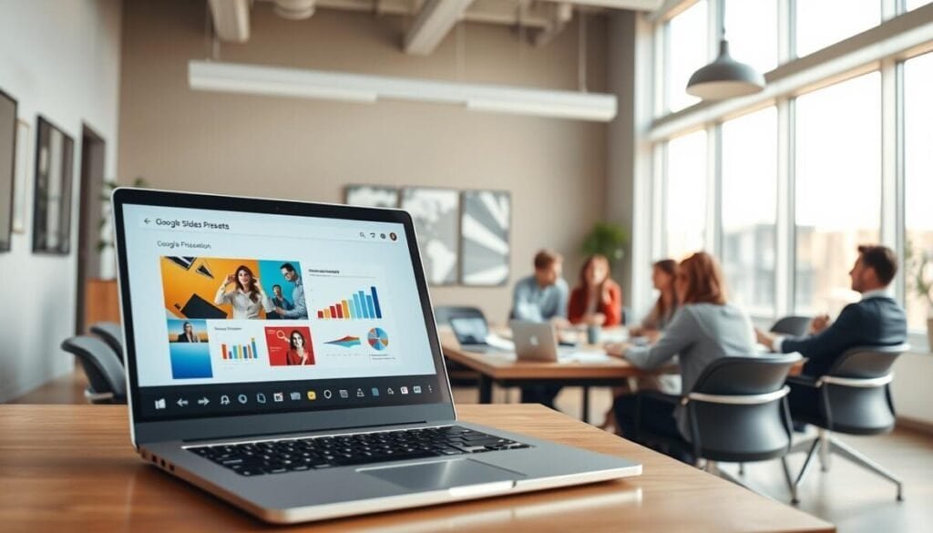 A modern digital workspace showcasing a Google Slides presentation on a large screen. In the foreground, a sleek laptop sits open, displaying a vibrant slide with engaging visuals and graphs. The middle layer features a diverse group of professionals in business attire, discussing ideas around a large conference table cluttered with notes and digital devices. In the background, a bright, airy office environment with large windows allows natural light to flood in, casting soft shadows and creating a warm atmosphere. The scene conveys collaboration and innovation, emphasizing the integration of AI tools in the presentation-making process. The overall mood is dynamic and focused, highlighting the synergy of technology and teamwork.