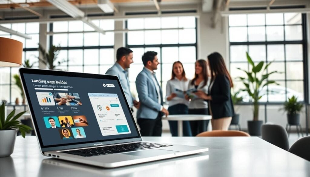 A modern digital workspace showcasing a landing page builder interface displayed on multiple screens. In the foreground, a sleek laptop with a colorful, user-friendly UI of a landing page builder software. The middle layer features a diverse team of three professionals in business attire, collaborating and discussing ideas animatedly, surrounded by charts and design mockups. In the background, a bright, airy office space with large windows letting in natural light, decorated with plants and minimalist furniture, suggesting a creative and tech-savvy environment. The scene captures a vibe of innovation and teamwork, with focus on productivity and digital solutions. Soft, diffused lighting for a warm atmosphere, shot from a dynamic angle that highlights both the technology and the people involved.