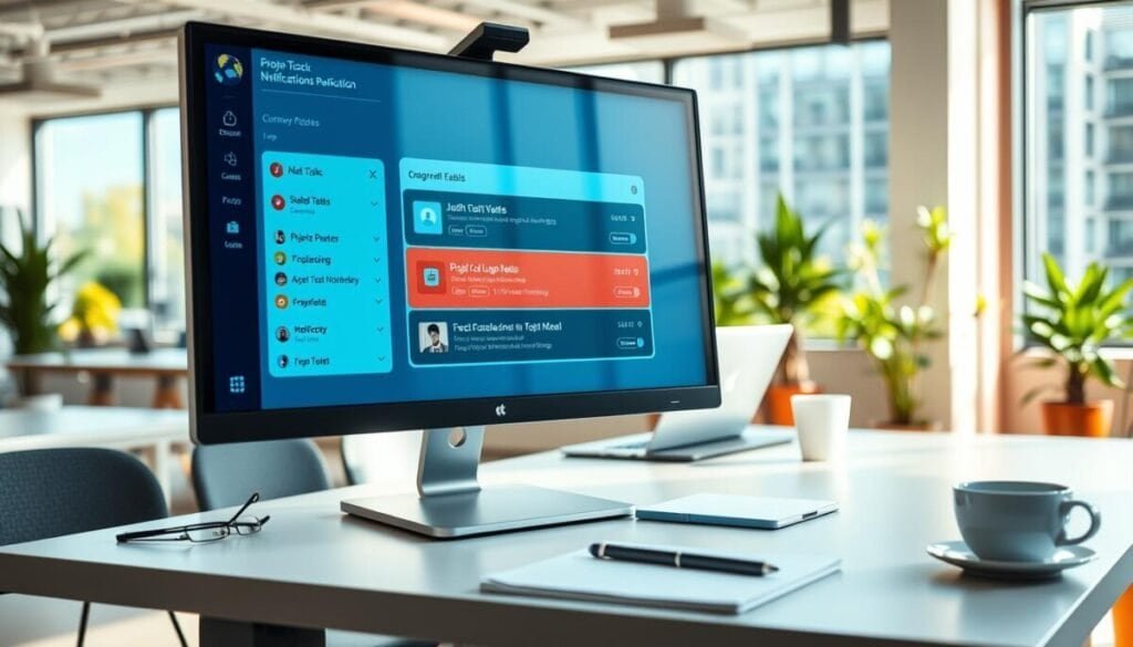 A modern digital workspace showcasing a sleek notification feature for project management. In the foreground, a computer screen displays an interactive notification panel with colorful alerts showing stalled tasks, deadlines, and project updates. The middle layer reveals a clean desk with a laptop, a notepad, and a coffee cup, symbolizing productivity and focus. In the background, there is a vibrant office environment with large windows allowing natural light to fill the room, complemented by plants for a fresh atmosphere. The overall mood is one of organized clarity, encouraging efficient project tracking. Use a wide-angle perspective, emphasizing depth and detail, with soft lighting to create an inviting yet professional ambiance. A modern digital workspace showcasing a sleek notification feature for project management. In the foreground, a computer screen displays an interactive notification panel with colorful alerts showing stalled tasks, deadlines, and project updates. The middle layer reveals a clean desk with a laptop, a notepad, and a coffee cup, symbolizing productivity and focus. In the background, there is a vibrant office environment with large windows allowing natural light to fill the room, complemented by plants for a fresh atmosphere. The overall mood is one of organized clarity, encouraging efficient project tracking. Use a wide-angle perspective, emphasizing depth and detail, with soft lighting to create an inviting yet professional ambiance.