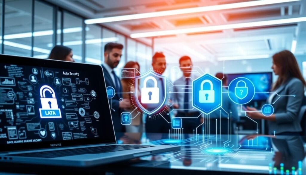 A modern digital workspace showcasing data security, featuring a central image of a sleek laptop with an encrypted login screen. In the foreground, a diverse group of professionals in business attire are engaged in a discussion, with data charts and security symbols, like locks and shields, gracefully overlayed on their digital devices. The middle ground highlights various cybersecurity elements, such as firewalls and network connections represented as glowing circuit lines. The background consists of a high-tech office environment, illuminated by soft blue and green LED lights, creating a calm yet focused atmosphere. The overall mood conveys trust, innovation, and a commitment to maintaining data privacy, captured with a wide-angle lens to emphasize the teamwork and technology synergy. A modern digital workspace showcasing data security, featuring a central image of a sleek laptop with an encrypted login screen. In the foreground, a diverse group of professionals in business attire are engaged in a discussion, with data charts and security symbols, like locks and shields, gracefully overlayed on their digital devices. The middle ground highlights various cybersecurity elements, such as firewalls and network connections represented as glowing circuit lines. The background consists of a high-tech office environment, illuminated by soft blue and green LED lights, creating a calm yet focused atmosphere. The overall mood conveys trust, innovation, and a commitment to maintaining data privacy, captured with a wide-angle lens to emphasize the teamwork and technology synergy.