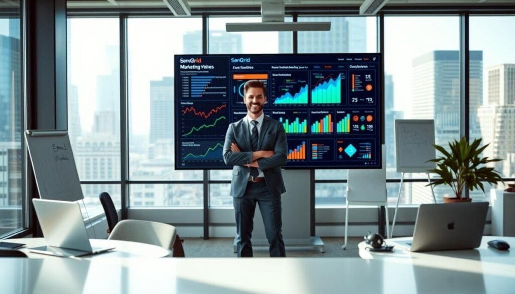 A modern digital workspace showcasing high-volume email capabilities with SendGrid as the focal point. In the foreground, a professional in business attire stands confidently in front of a large screen displaying vibrant graphs and analytics related to email marketing. The middle ground features sleek office elements like laptops and a whiteboard with strategic planning notes. In the background, soft-focus cityscape views through large windows suggest a bustling digital environment. The scene is illuminated by natural daylight streaming in, creating a bright and energetic atmosphere. The lens captures the action from a slightly elevated angle, highlighting the professionalism and technological advancement of SendGrid's services tailored for high-volume senders.