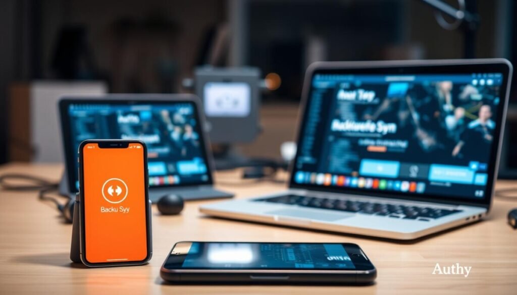 A modern digital workspace showcasing the "Authy" app interface on multiple devices like a smartphone, tablet, and laptop. In the foreground, the smartphone displays a vibrant Authy app screen featuring a backup sync icon, illuminated by soft, warm lighting. The laptop and tablet mirror the smartphone's interface, emphasizing seamless multi-device synchronization. The middle background includes a blurred, tech-inspired workspace with cables and accessories, enhancing the high-tech atmosphere. Use a slightly overhead angle to capture the devices in focus, with a gentle bokeh effect on the background. The overall mood should be professional yet approachable, symbolizing ease of use and security in two-factor authentication.