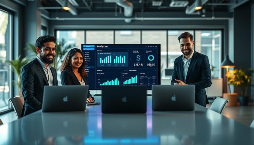 A modern, dynamic workspace showcasing ecommerce functionality through Shopify syncing. In the foreground, a diverse group of three professionals of varying ethnicities, wearing business attire, collaborates around a sleek conference table with laptops displaying analytics and graphs related to inventory and sales metrics. The middle layer features a large digital screen vividly illustrating a synchronized dashboard between Shopify and MailerLite, glowing with blue and green tones. In the background, a contemporary office environment includes large windows with natural light flooding in, plants, and minimalistic decor, creating an atmosphere of innovation and productivity. Use soft, focused lighting with a slight bokeh effect for depth, capturing a sense of cutting-edge technology and teamwork in the ecommerce space.