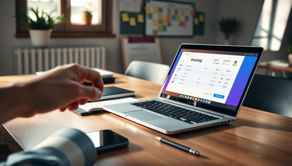 A modern freelance workspace featuring a sleek wooden desk with a laptop open to a colorful invoicing application. On the desk, there's a smartphone displaying client communication messages, along with a stylish notepad and a pen. The foreground includes a close-up of a hand reaching towards the laptop screen, showcasing a digital invoice being prepared. In the background, a well-organized wall with sticky notes and a calendar reflects deadlines and client interactions. Natural light streams through a nearby window, creating a warm and inviting atmosphere. The overall mood is productive and focused, emphasizing the efficiency of automation in client communication and invoicing. No human figures are included to maintain a clean, professional aesthetic.