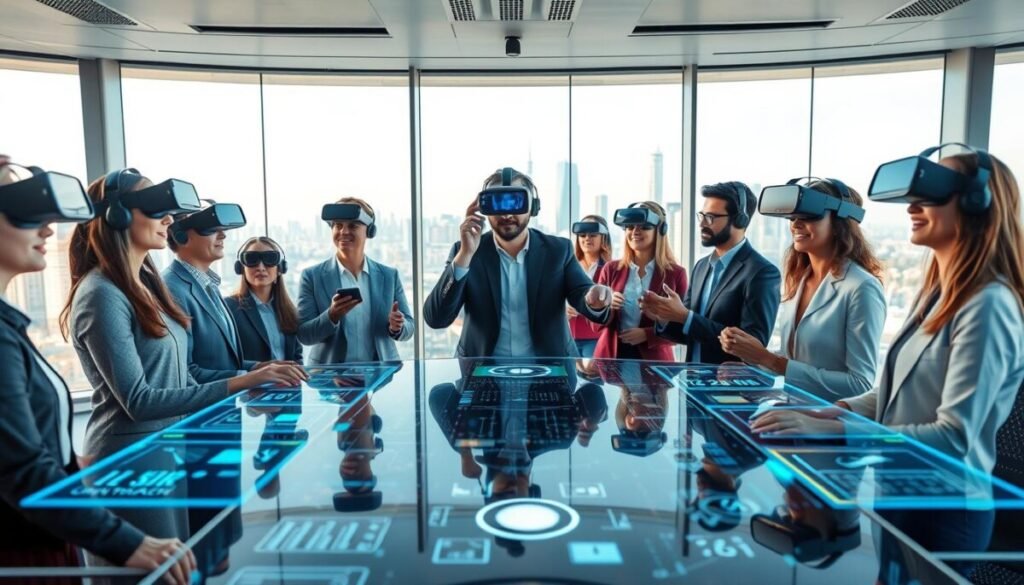 A modern, futuristic workspace showcasing the integration of AR, VR, MR, and XR technologies in remote collaboration. In the foreground, a diverse group of professionals in business attire using VR headsets and AR glasses, interacting with virtual holographic displays. The middle layer features a sleek, high-tech table with floating digital interfaces and data visualizations, illustrating real-time collaboration. The background reveals a panoramic window with a city skyline, bathed in soft, ambient light, creating a sense of innovation and connectivity. The atmosphere is vibrant yet focused, emphasizing teamwork and the seamless merging of physical and digital spaces. Use a wide-angle lens for depth, highlighting the technological elements in a lively and inspiring environment.