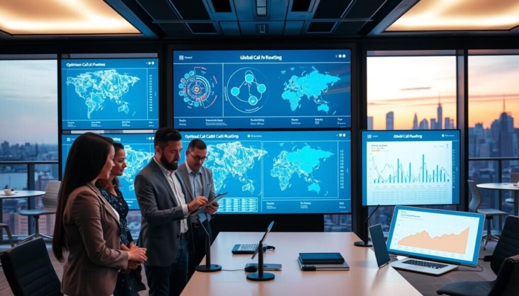 A modern, high-tech office environment featuring multiple large screens displaying intricate call routing diagrams, showcasing a global call center. In the foreground, a diverse group of four professionals, dressed in business attire, are engaged in a collaborative discussion around a digital tablet. They are animatedly pointing out key insights on the routing system. The middle ground features a sleek conference table with devices like microphones and laptops, with graphs projecting from the screens, highlighting optimized call patterns across different time zones. In the background, large windows show a city skyline at dusk, adding depth with warm ambient lighting. The atmosphere is focused and dynamic, reflecting innovation and teamwork in optimizing global call routing processes. A modern, high-tech office environment featuring multiple large screens displaying intricate call routing diagrams, showcasing a global call center. In the foreground, a diverse group of four professionals, dressed in business attire, are engaged in a collaborative discussion around a digital tablet. They are animatedly pointing out key insights on the routing system. The middle ground features a sleek conference table with devices like microphones and laptops, with graphs projecting from the screens, highlighting optimized call patterns across different time zones. In the background, large windows show a city skyline at dusk, adding depth with warm ambient lighting. The atmosphere is focused and dynamic, reflecting innovation and teamwork in optimizing global call routing processes.