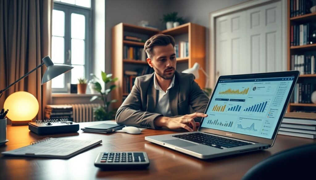 A modern home office scene depicting a solo entrepreneur working on accounting and payment processing solutions. In the foreground, a clutter-free desk features a laptop displaying financial software, colorful charts, and graphs. To the left, a notepad with handwritten notes and a sleek calculator add a personal touch. In the middle, a focused entrepreneur in smart casual attire analyzes data, with a pensive expression. Soft, warm lighting filters through a nearby window, illuminating the workspace and creating a cozy yet professional atmosphere. In the background, bookshelves filled with business and finance books complement the mature aesthetic, while a potted plant adds a splash of color. The overall mood is productive and inspiring, ideal for managing finances in the digital age.