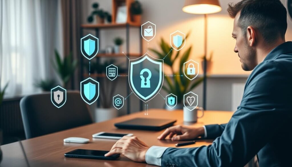 A modern home office scene with a remote worker focused on their computer, showcasing endpoint protection solutions. In the foreground, the user, dressed in professional business attire, is engaged with a secure interface displayed on their laptop screen with digital security icons floating, like firewalls and antivirus shields. The middle layer features sleek tech gadgets like a smartphone and a router, symbolizing connectivity and security. The background highlights a well-organized workspace with plants and soft lighting, creating a calm and productive atmosphere. Use warm, inviting colors to convey safety and reliability, captured with a soft-focus lens effect to enhance the mood of cybersecurity in a home environment.