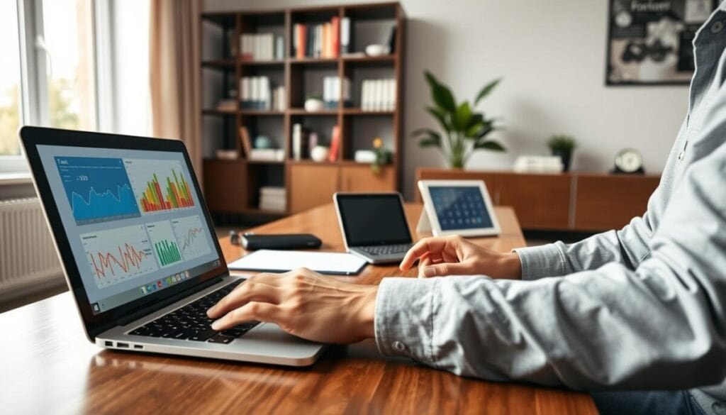 A modern home office setting focused on automated tax data prep. In the foreground, a sleek laptop displays colorful graphs and charts representing tax information and deductions. A pair of professional hands types on the keyboard, dressed in business casual attire. In the middle ground, a stylish desk is adorned with some tax-related documents, a calculator, and a digital tablet showing a user-friendly interface of a tax filing software. The background features a well-organized bookshelf filled with financial books, a potted plant for a touch of greenery, and a large window with natural light illuminating the scene. The overall atmosphere is efficient and optimistic, highlighting the ease and convenience of automated tax preparation. The angle is a slightly elevated perspective, giving a comprehensive view of the setup.