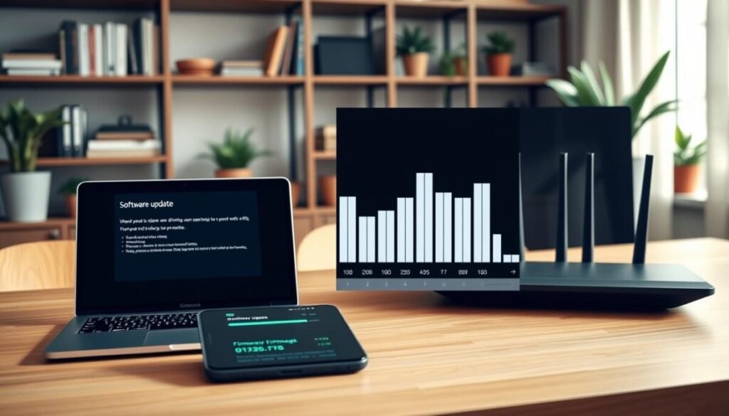 A modern home office setup featuring a laptop with software update notifications on the screen, on a sleek wooden desk. In the foreground, a smartphone displaying a firmware update progress bar next to a wi-fi router. In the middle, a bar graph showing download speeds, highlighted with green and blue lines. The background features shelves with tech books and potted plants, giving a calm and organized atmosphere. Soft natural light streams in through a window, creating a warm ambiance. Use a wide-angle lens for a spacious feel, and ensure the image reflects a sense of security and efficiency in remote work technology. A modern home office setup featuring a laptop with software update notifications on the screen, on a sleek wooden desk. In the foreground, a smartphone displaying a firmware update progress bar next to a wi-fi router. In the middle, a bar graph showing download speeds, highlighted with green and blue lines. The background features shelves with tech books and potted plants, giving a calm and organized atmosphere. Soft natural light streams in through a window, creating a warm ambiance. Use a wide-angle lens for a spacious feel, and ensure the image reflects a sense of security and efficiency in remote work technology.