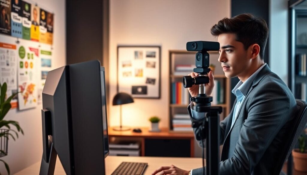 A modern home office setup featuring a sleek computer desk equipped with a high-definition webcam perched atop a monitor. In the foreground, a professional, focused individual dressed in smart casual attire adjusts the camera, exuding confidence and expertise. The middle ground reveals a vibrant, well-lit backdrop adorned with educational posters and bookshelves filled with resources, emphasizing a creative environment suitable for tutorials. Soft, diffused lighting casts a warm glow across the scene, enhancing the professional atmosphere. The camera angle is slightly elevated, capturing both the individual and their engaging workspace. The overall mood conveys a sense of professionalism and readiness for an impactful presentation, reflecting an ideal integration of webcam feeds in educational content creation.