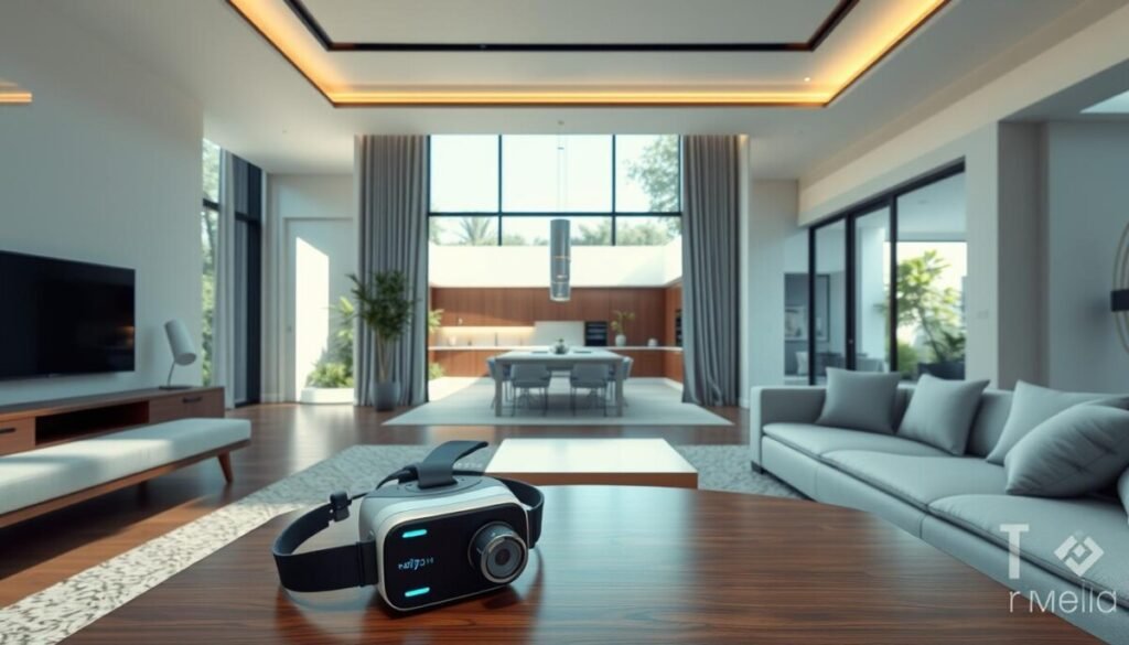 A modern, immersive 3D virtual tour of a luxurious property, vividly showcasing an elegant living room with stylish furniture and large windows that provide ample natural light. In the foreground, a sleek VR headset rests on a coffee table, indicating technology use. The middle ground features a smooth transition to various rooms like a spacious kitchen and a serene outdoor patio with greenery, highlighting possibilities for exploration. In the background, soft architectural lines create a sense of depth and sophistication. The lighting is bright but soft, creating an inviting and warm atmosphere. The overall mood is innovative and professional, representing emerging trends in digital property marketing.