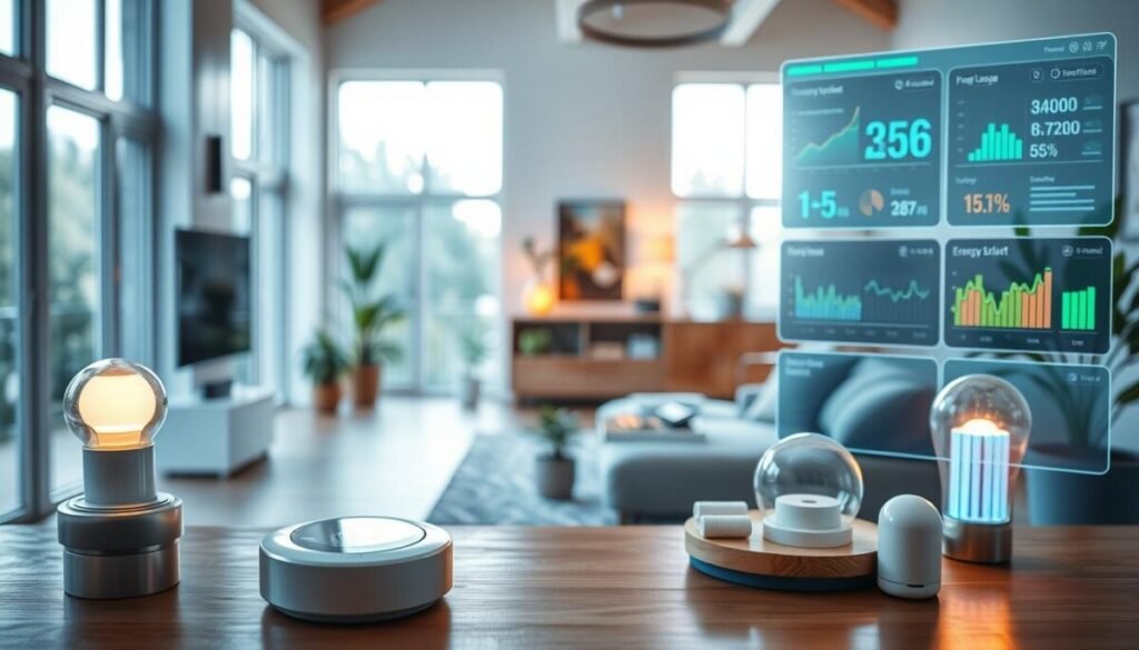 A modern integrated smart home ecosystem seamlessly combining various technologies for energy management. In the foreground, showcase sleek, high-tech devices like a smart thermostat and energy-efficient lights, subtly glowing with soft, warm light. In the middle, depict an open living space with large windows letting in natural light, featuring eco-friendly materials and indoor plants to emphasize sustainability. The background should include a control panel displaying energy usage metrics and graphs. Capture this scene from a slightly elevated angle to highlight the integration of technology within the warm, inviting atmosphere of the home. The overall mood is innovative and harmonious, with a focus on creating a sustainable living environment.