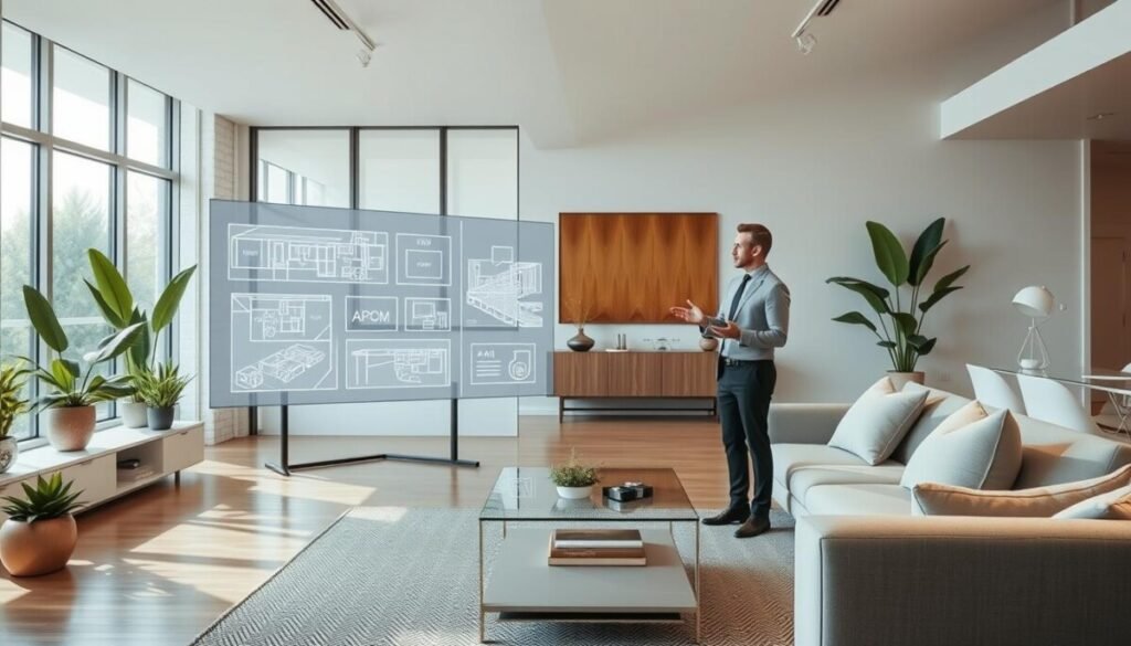 A modern interior design scene showcasing the integration of AI technology in residential planning. In the foreground, a sleek, minimalist room featuring a stylish sofa, a glass coffee table, and smart devices displaying design layouts. The middle ground reveals a large screen with augmented reality overlays, illustrating spatial design options and AI-driven insights. In the background, large windows provide natural lighting, illuminating the fresh plant life and modern decor, enhancing the cozy atmosphere. The color palette consists of warm neutrals with accents of greenery. A professional designer, dressed in business attire, interacts with the AI interface, embodying collaboration between human creativity and AI technology. The scene captures a forward-thinking and innovative feel, emphasizing the future of interior planning with AI solutions.