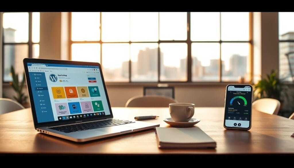 A modern, inviting workspace showcasing affordable WordPress hosting services. In the foreground, a sleek laptop open to a colorful WordPress dashboard, adorned with user-friendly icons symbolizing budget-friendly hosting options. To the middle, a desk with a notepad, coffee cup, and a smartphone displaying a website speed test, emphasizing user engagement and affordability. In the background, large windows let in warm, natural light, casting soft shadows, while a slightly blurred urban landscape adds context, hinting at a tech-savvy environment. The atmosphere is bright and productive, underscoring the accessibility and ease of starting a new WordPress site. The composition features a clean, organized aesthetic, reflecting professionalism without distractions or text overlays. A modern, inviting workspace showcasing affordable WordPress hosting services. In the foreground, a sleek laptop open to a colorful WordPress dashboard, adorned with user-friendly icons symbolizing budget-friendly hosting options. To the middle, a desk with a notepad, coffee cup, and a smartphone displaying a website speed test, emphasizing user engagement and affordability. In the background, large windows let in warm, natural light, casting soft shadows, while a slightly blurred urban landscape adds context, hinting at a tech-savvy environment. The atmosphere is bright and productive, underscoring the accessibility and ease of starting a new WordPress site. The composition features a clean, organized aesthetic, reflecting professionalism without distractions or text overlays.