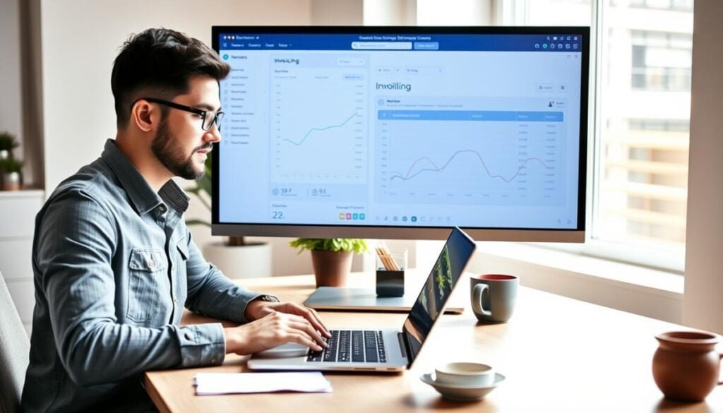 A modern invoicing software interface prominently displayed on a sleek computer monitor, showing vibrant graphs and clear line items for billing. In the foreground, a professional-looking freelancer in smart casual attire types on a laptop, their focused expression emphasizing productivity. The middle layer features a stylish workspace with a minimalist desk, a potted plant, and a coffee cup, enhancing the atmosphere of creativity and efficiency. In the background, soft natural lighting filters through a window, casting a warm glow over the scene. The image conveys a sense of organization, modernity, and professionalism, ideal for illustrating essential features of billing software. A modern invoicing software interface prominently displayed on a sleek computer monitor, showing vibrant graphs and clear line items for billing. In the foreground, a professional-looking freelancer in smart casual attire types on a laptop, their focused expression emphasizing productivity. The middle layer features a stylish workspace with a minimalist desk, a potted plant, and a coffee cup, enhancing the atmosphere of creativity and efficiency. In the background, soft natural lighting filters through a window, casting a warm glow over the scene. The image conveys a sense of organization, modernity, and professionalism, ideal for illustrating essential features of billing software.
