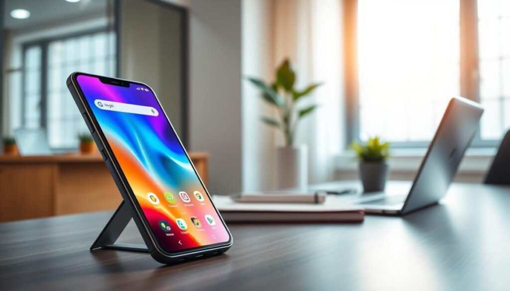 A modern mobile device displaying a vibrant, optimized screen for remote work, set against a sleek, minimalistic office environment. In the foreground, the mobile device is angled at 45 degrees, showcasing a rich, clear display with vivid colors and user-friendly interface. The middle layer includes a stylish desk with a laptop, notebooks, and a small plant, emphasizing a productive workspace. The background features a softly blurred window with natural light streaming in, creating a warm and inviting atmosphere. The lighting is balanced, illuminating the details without harsh shadows. The overall mood is professional and inspirational, inviting viewers to consider efficient remote working solutions. A modern mobile device displaying a vibrant, optimized screen for remote work, set against a sleek, minimalistic office environment. In the foreground, the mobile device is angled at 45 degrees, showcasing a rich, clear display with vivid colors and user-friendly interface. The middle layer includes a stylish desk with a laptop, notebooks, and a small plant, emphasizing a productive workspace. The background features a softly blurred window with natural light streaming in, creating a warm and inviting atmosphere. The lighting is balanced, illuminating the details without harsh shadows. The overall mood is professional and inspirational, inviting viewers to consider efficient remote working solutions.