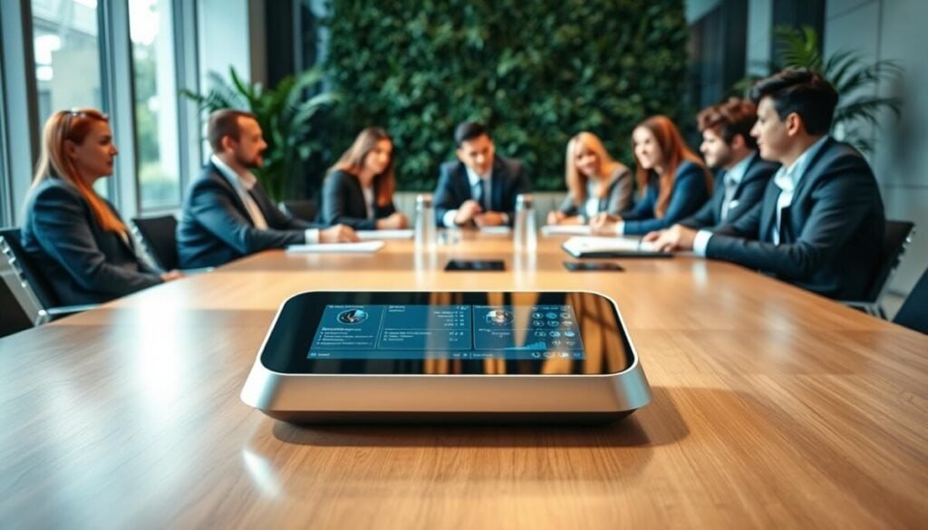 A modern office conference room showcasing a Fellow meeting assistant in action. In the foreground, a sleek, futuristic device sits on a polished wooden table, illuminated by soft, natural lighting from large windows. The device features a digital interface, displaying meeting notes and analytics seamlessly. In the middle ground, a diverse group of professionals dressed in smart business attire engage in a collaborative discussion, their expressions focused and motivated. An inviting atmosphere is enhanced by stylish furniture and greenery in the background. The image should capture a sense of enterprise-grade security and governance, with a subtle blue tint suggestive of technology and innovation. The angle should be slightly elevated, allowing a comprehensive view of the meeting setup while maintaining an immersive, professional mood. A modern office conference room showcasing a Fellow meeting assistant in action. In the foreground, a sleek, futuristic device sits on a polished wooden table, illuminated by soft, natural lighting from large windows. The device features a digital interface, displaying meeting notes and analytics seamlessly. In the middle ground, a diverse group of professionals dressed in smart business attire engage in a collaborative discussion, their expressions focused and motivated. An inviting atmosphere is enhanced by stylish furniture and greenery in the background. The image should capture a sense of enterprise-grade security and governance, with a subtle blue tint suggestive of technology and innovation. The angle should be slightly elevated, allowing a comprehensive view of the meeting setup while maintaining an immersive, professional mood.