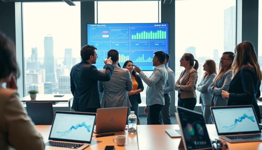 A modern office environment bustling with activity, featuring a large digital display screen showcasing real-time data updates and analytics in vibrant colors. In the foreground, a diverse group of professionals in business attire stands engaged in a collaborative discussion, pointing towards the screen, with expressions of curiosity and intrigue. In the middle ground, sleek desks with laptops and integrated technology, displaying graphs and charts that emphasize integrated solutions. The background reveals a cityscape through expansive windows, bathed in soft natural light, creating a dynamic atmosphere of innovation and collaboration. The camera angle captures a slightly elevated perspective, focusing on the interaction among the team while conveying a sense of urgency and collaboration in a high-tech workspace.