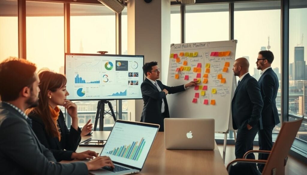 A modern office environment depicts a team of diverse professionals in business attire engaged in a social media monitoring session. In the foreground, a focused woman analyzes graphs on a laptop, her expression attentive and determined, while a man points at a screen displaying real-time brand mentions across various social media platforms. In the middle ground, a large whiteboard is filled with colorful sticky notes and critical insights from recent campaigns. The background features floor-to-ceiling windows revealing a vibrant city skyline, infused with warm, natural light creating an energetic atmosphere. Capture this scene from a slightly elevated angle to portray collaboration and proactive management that anticipates potential PR crises, emphasizing teamwork and modern technology.