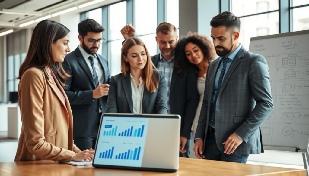 A modern office environment featuring a diverse group of professionals collaborating on monetization payment integration strategies. In the foreground, a well-dressed woman and a man in business casual attire are engaged in discussion over a laptop displaying graphs and payment options. The middle ground includes a large whiteboard filled with diagrams and notes on various monetization methods. The background reveals a sleek office space with large windows allowing natural light to flood in, creating a bright and productive atmosphere. The lighting is bright yet soft, enhancing the focused expressions of the individuals. The overall mood is collaborative and innovative, encouraging teamwork in a professional setting.