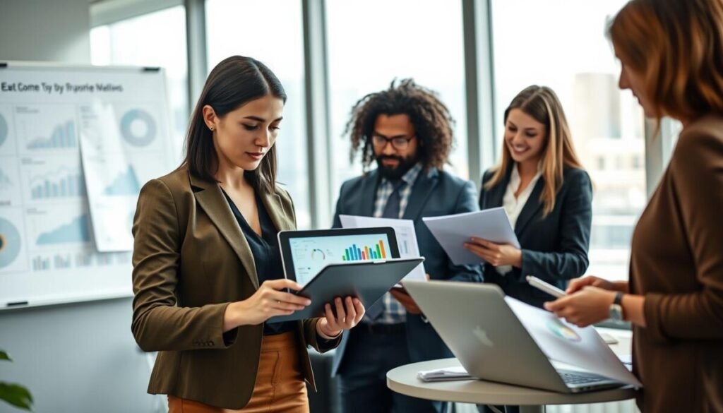 A modern office environment featuring a diverse group of professionals engaged in a collaborative meeting. In the foreground, a female business analyst, dressed in smart-casual attire, is pointing at a digital tablet displaying a colorful data dashboard. In the middle ground, a male colleague in formal attire is thoughtfully reviewing printed reports, while another female team member takes notes on a laptop. The background showcases a large window with cityscape views and whiteboards filled with charts and graphs. Soft, natural lighting filters through the window, creating an inviting atmosphere. The composition highlights a sense of cooperation and insight-sharing among industry experts discussing user experiences and peer reviews of data visualization tools. The mood is professional yet dynamic.
