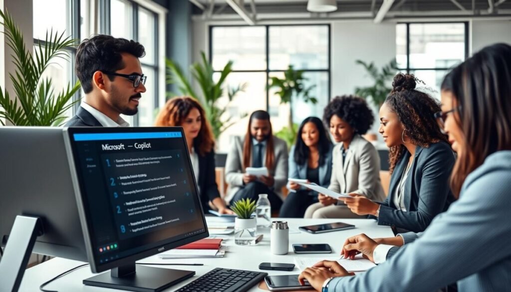 A modern office environment featuring a diverse group of professionals engaged in a virtual meeting using Microsoft Copilot. In the foreground, a sleek computer screen displays a visually appealing recap of the meeting, with well-organized bullet points and key takeaways. The middle of the image shows individuals in professional business attire, focused and taking notes, with a mix of ethnic backgrounds. Behind them, a bright, airy office space filled with plants and modern furniture creates a productive atmosphere. Soft, natural lighting pours in from large windows, highlighting the collaborative spirit. Capture the essence of efficiency and innovation in this workspace, emphasizing the integration of technology in everyday business tasks.