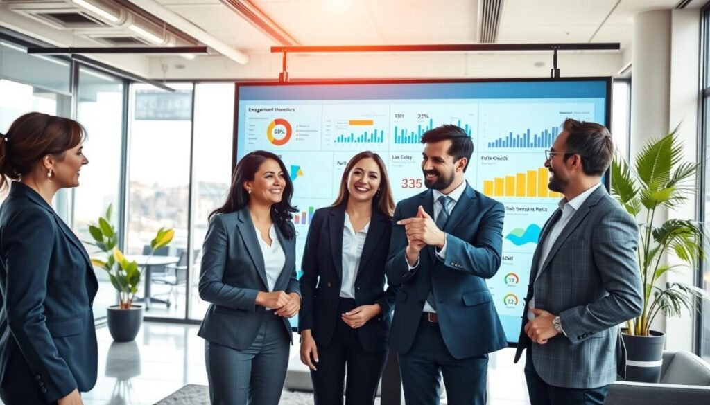 A modern office environment featuring a diverse team of three business professionals—two women and one man—engaged in a discussion around a large touchscreen display. The display shows colorful graphs, charts, and data visualizations representing social media metrics like engagement rates, follower growth, and ROI. In the foreground, the three professionals are dressed in smart business attire, pointing at different metrics and exchanging ideas with smiles. The lighting is bright and clear, creating an energetic atmosphere, with soft shadows to add depth. In the background, there are sleek office furnishings, a potted plant, and large windows allowing natural light to flood the space, enhancing the feeling of collaboration and success in the realm of social media analytics.