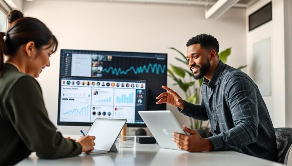 A modern office environment featuring a diverse team of three professionals collaborating over a sleek, high-tech workspace with multiple screens displaying social media analytics and graphs. In the foreground, a woman of Asian descent is focused on her laptop, writing notes, while a Black man gestures towards the screen, showing insights. In the middle ground, a steady stream of social media feeds is visible on a large monitor, illustrating real-time data sharing. The background highlights minimalist decor with green plants and soft lighting that creates a calm and efficient atmosphere, emphasizing teamwork and productivity. The perspective is slightly elevated, showcasing the collaborative environment. Bright, natural light floods the room, enhancing the mood of creativity and organization.
