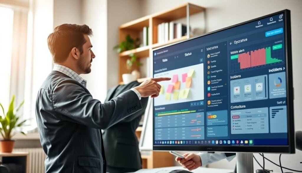 A modern office environment featuring a large computer screen displaying a dynamic status page filled with colorful indicators showing website uptime and incident alerts. In the foreground, a professional individual in business attire is pointing at the screen, discussing data with a colleague, who is making notes on a notepad. The middle section showcases post-it notes and a whiteboard with workflow diagrams, emphasizing the integration of monitoring tools with incident management processes. Soft, natural lighting streams through a window, creating a bright and inviting atmosphere. The background includes shelves with books and an indoor plant, adding a touch of greenery and professionalism. The lens captures a slight depth of field to highlight the interaction while keeping the status page clear and detailed.