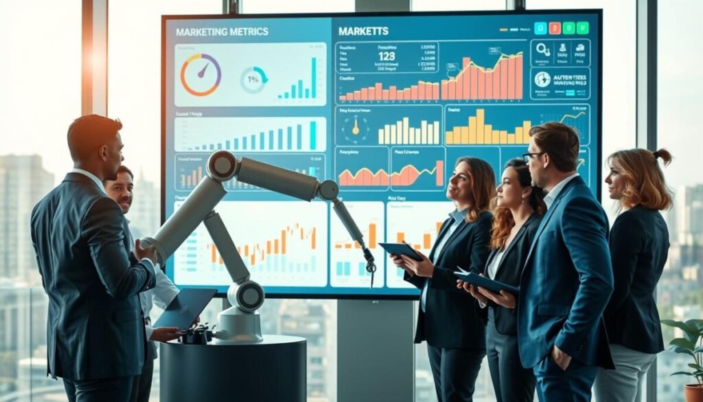 A modern office environment featuring a large digital dashboard displaying various marketing metrics, with graphs and flowcharts. In the foreground, a diverse group of professionals dressed in business attire are engaged in a discussion, analyzing the data on the screen; some are using laptops, while others are taking notes. In the middle ground, a robotic arm symbolizes automation, working seamlessly beside the team, emphasizing the balance between technology and human oversight. The background showcases floor-to-ceiling windows with a bright, sunny skyline, creating an atmosphere of innovation and collaboration. Soft, natural lighting illuminates the scene, with a slight focus on the professionals' expressions, capturing the mood of strategic engagement and teamwork.