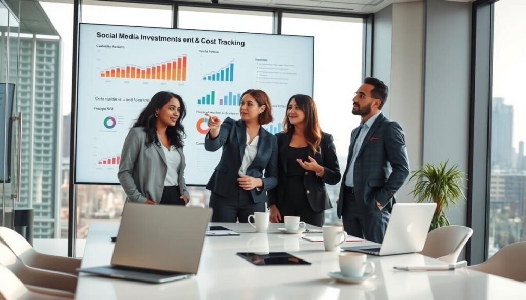 A modern office environment featuring a large digital screen displaying graphs and charts related to social media investments and cost tracking. In the foreground, a diverse group of professionals in business attire—two women and one man—are engaged in a discussion, pointing at the screen, analyzing the data with expressions of focus and determination. The middle ground showcases a stylish conference table with laptops, notepads, and coffee cups, emphasizing collaboration. The background includes glass walls and a city skyline visible through large windows, allowing natural light to illuminate the scene. The atmosphere is dynamic and productive, conveying the importance of analytics in achieving business ROI. The image should evoke a sense of innovation and teamwork, capturing the essence of effective cost tracking for social media.