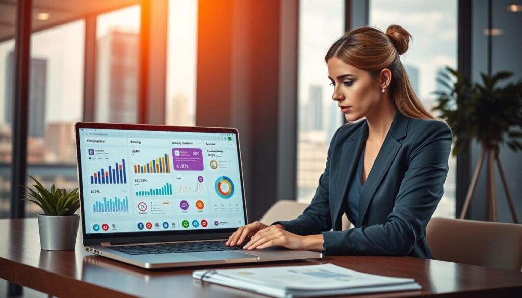 A modern office environment featuring a professional woman in smart business attire, focused on her laptop displaying vibrant graphs and analytics related to influencer marketing integration. In the foreground, a sleek laptop screen shows colorful charts, metrics, and social media icons highlighting engagement statistics. The middle ground contains a stylish desk with a potted plant and business reports. In the background, a large window reveals a city skyline, allowing natural light to stream in, creating a bright and energetic atmosphere. The warm lighting enhances the sense of productivity and professionalism, with a slight bokeh effect on the city view, emphasizing the analytical focus of the workspace. The mood is inspiring and dynamic, conveying a sense of empowerment in the world of influencer marketing.