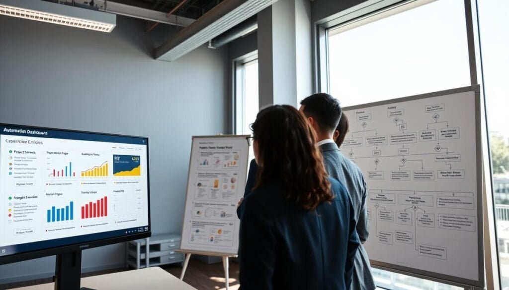 A modern office environment featuring a sleek computer screen displaying a colorful automation dashboard with graphs and sequence enrollment options. In the foreground, a diverse group of three professional individuals, dressed in business attire, engage in discussion over the screen, analyzing data sheets and monitoring triggers. The middle ground includes a whiteboard filled with project timelines and flowcharts illustrating automated enrollment and unenrollment processes. In the background, large windows showcase a bright day outside, allowing natural light to flood the room, creating a vibrant and organized atmosphere. The angle is slightly overhead, giving a comprehensive view of the collaboration, while the lighting enhances the colors of the screen and the focus on the team’s engagement. The overall mood is focused and productive, conveying teamwork and strategic planning. A modern office environment featuring a sleek computer screen displaying a colorful automation dashboard with graphs and sequence enrollment options. In the foreground, a diverse group of three professional individuals, dressed in business attire, engage in discussion over the screen, analyzing data sheets and monitoring triggers. The middle ground includes a whiteboard filled with project timelines and flowcharts illustrating automated enrollment and unenrollment processes. In the background, large windows showcase a bright day outside, allowing natural light to flood the room, creating a vibrant and organized atmosphere. The angle is slightly overhead, giving a comprehensive view of the collaboration, while the lighting enhances the colors of the screen and the focus on the team’s engagement. The overall mood is focused and productive, conveying teamwork and strategic planning.