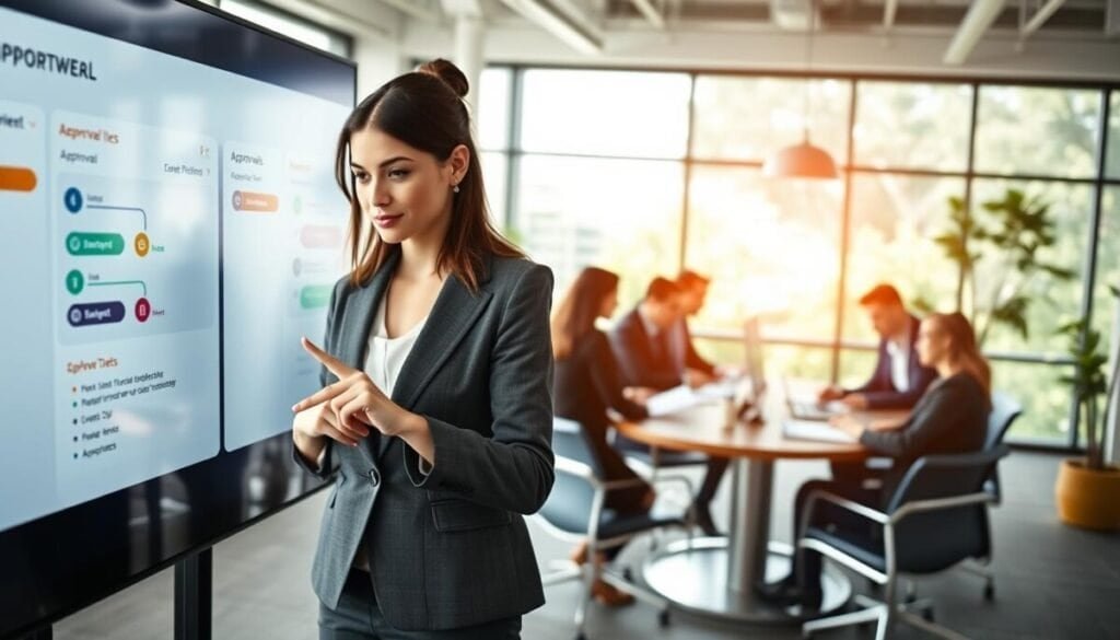 A modern office environment featuring a sleek, digital approval workflow dashboard on a large touchscreen display. In the foreground, a professional businesswoman in a smart blazer, engaged with the touchscreen, taps on an approval button, displaying various colorful icons representing different tasks and statuses. In the middle ground, a diverse team of colleagues in business attire collaborates at a round table, reviewing documents and discussing processes. In the background, a bright, minimalist workspace with large windows allowing natural light to flood in, greenery visible outside. The atmosphere is productive and energetic, conveying a sense of efficiency and teamwork. Shot from a slightly elevated angle, with soft lighting to emphasize focus on the workflow dashboard.