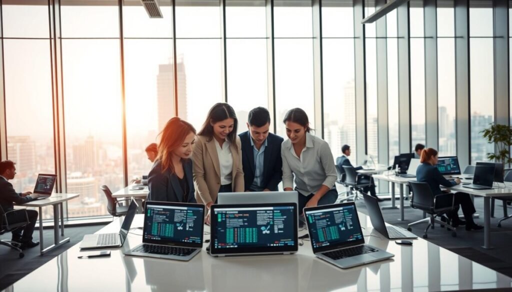 A modern office environment filled with professional individuals efficiently engaged in streamlined data entry tasks. In the foreground, a diverse team of three people, dressed in professional business attire, collaborate around a sleek table covered with laptops and digital devices displaying software interfaces for automation. In the middle ground, towering glass walls reveal a vibrant cityscape, while additional team members are seen working in the background, each engrossed in their own automated workflows. Soft, natural lighting streams through the large windows, creating a bright and inviting atmosphere. The composition should be shot from a wide angle perspective, capturing the balance between teamwork and technology, evoking a mood of productivity and innovation, symbolizing the transformation of repetitive tasks into efficient processes.