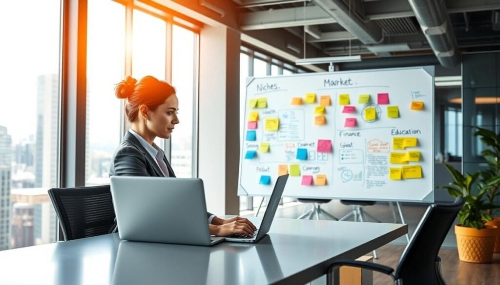 A modern office environment focused on niche SaaS solutions. In the foreground, a woman in professional business attire is sitting at a sleek desk, engaged in deep concentration while working on her laptop, displaying graphs and analytics on the screen. In the middle ground, a large whiteboard filled with colorful sticky notes and diagrams illustrates different market niches, like health, finance, and education. The background features a bright, airy office space with large windows offering a cityscape view, warm natural lighting flowing in. The atmosphere is vibrant and innovative, suggesting creativity and collaboration in tech development. The image captures the essence of micro-SaaS targeting, emphasizing clarity and focus on niche markets.