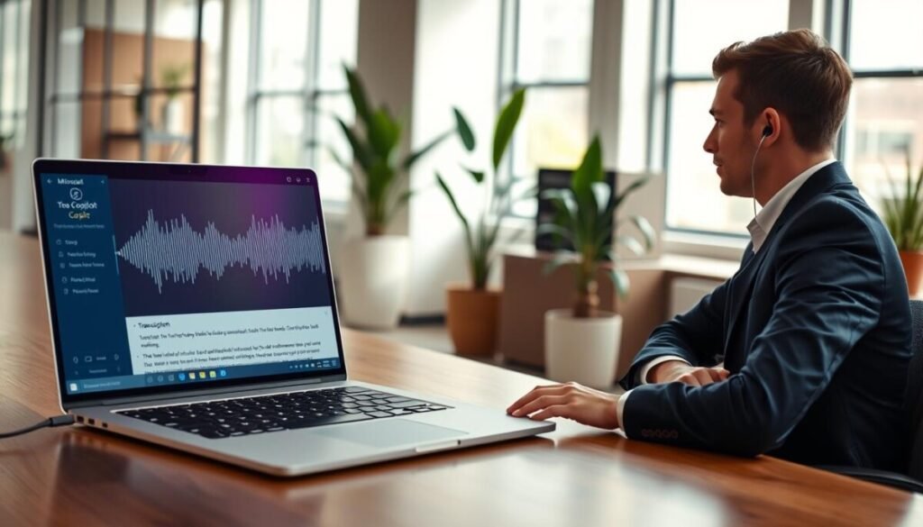 A modern office environment focused on transcription technology, showcasing a sleek laptop open on a wooden desk with the Microsoft Copilot interface visible on the screen. In the foreground, a professional individual, dressed in business attire, is attentively listening to a meeting, wearing wireless earbuds. In the middle, a digital notepad appears beside the laptop, with abstract representations of audio waves and text being transcribed in real-time. In the background, a bright and airy office space with large windows letting in soft natural light, plant decor subtly enhancing the professional atmosphere. The image conveys a sense of productivity and innovation, emphasizing the ease of data capture through transcription technology.