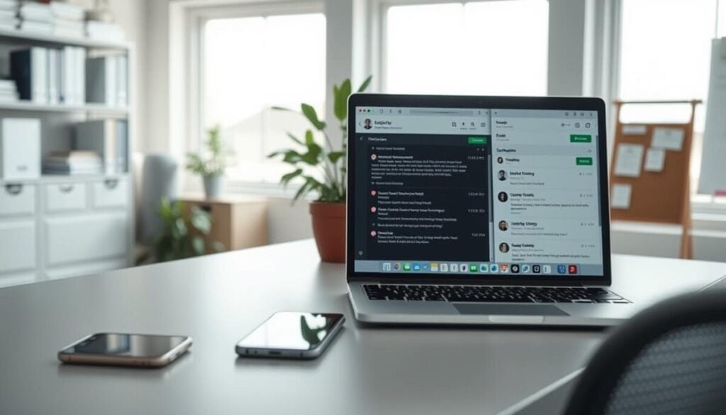 A modern office environment focusing on email-driven workflows, featuring a sleek, minimalist desk setup. In the foreground, a laptop displays an organized email client interface with notifications indicating task updates. To the side, a smartphone rests on the desk, showing a calendar and email alerts. The middle layer captures a large window with soft, natural light streaming in, illuminating a potted plant that adds a touch of greenery. In the background, blurred shelves filled with technical books and a pinboard with notes and diagrams reflecting streamlined processes. The mood is professional yet calm, suggesting productivity and focus. The angle is a dynamic overhead shot, highlighting both the workspace and the emphasis on digital communication tools, with a cool color palette.